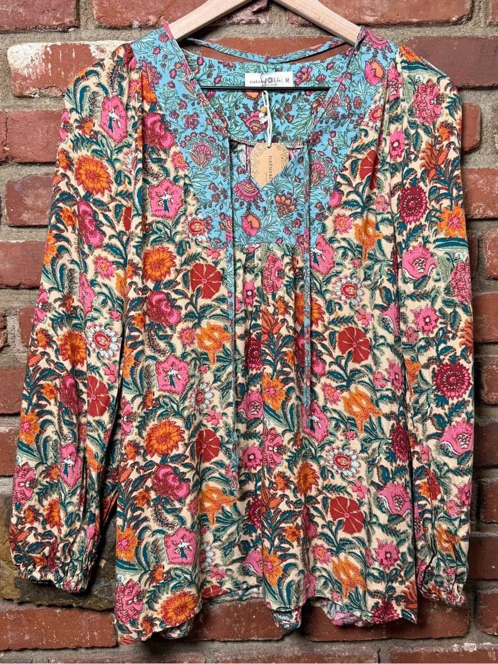 Natural Life Rowan Floral Peasant Blouse Sz Medium Pink Boho TieNeck cottage NWT - Picture 2 of 12